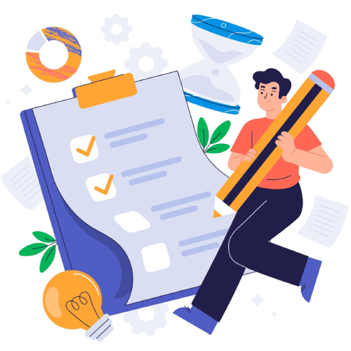 Illustration of a man using a pencil to tick on a paper.